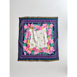 Vintage Unbranded Floral Striped Poly Crepe 22.5" x 20.5" Square Scarf